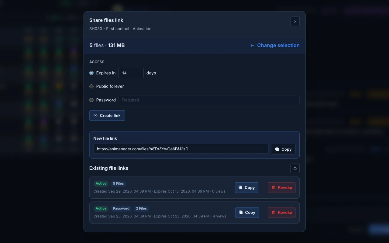 Animanager Share files link dialog for the Animation stage of a shot: five files, a link that expires in 14 days, the new link and an earlier link with a password.