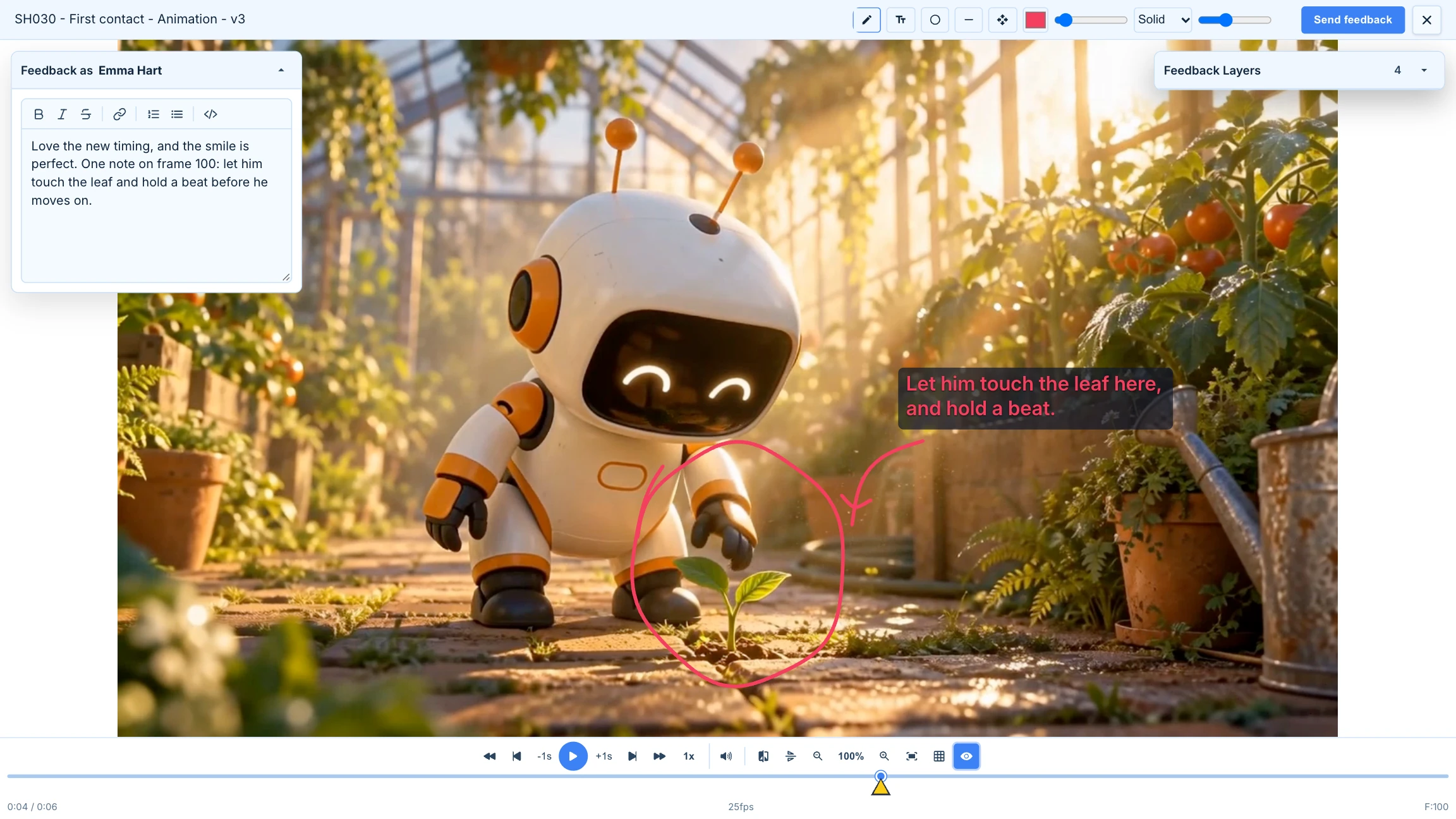 An Animanager review link opened by a client without an account: frame 100 of shot SH030, with a circle, an arrow and a note the client drew on the frame, and their feedback notes ready to send to the team.